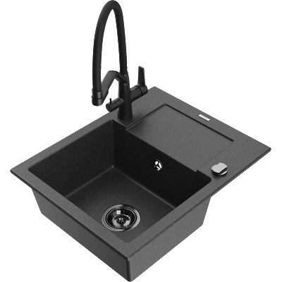Mexen Enzo гранитна кухненска мивка с една камера и отцедник и кухненски смесител Duo, черно на петна - 6506-76-671701-70-B (6506-76-671701-70-B)