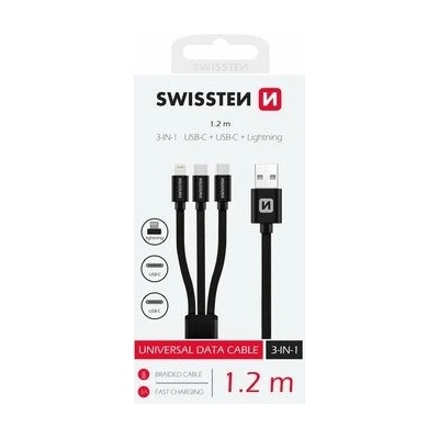 Swissten 72501103 3v1 2x USB-C (M) - Lightning (M) - USB-A (M), 60W, 3A, 1,2m, černý