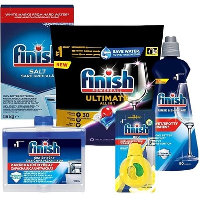 Finish Starter pack Tablety do myčky Ultimate All in 1 30 ks + Sůl 1,5 kg + Leštidlo Shine & Dry Regular 400 ml + Osvěžovač Odor Stop Easy Clip + Čistič myčky 250 ml