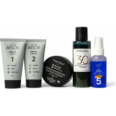 Tomas Arsov GREEN TEA Cestovní sada GREEN TEA Šampon 50 ml + Oplachový kondicionér 50 ml + BALANCE Regenerační maska 50 ml + Keratinová ochranná mlha 30 ml + Opalovací olej s astaxanthinem 100 ml set