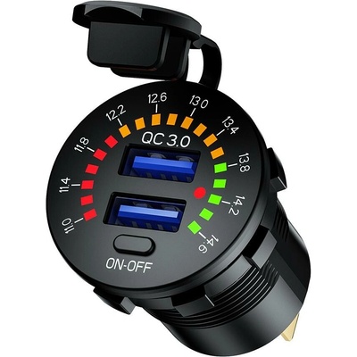 BIKETEC motocyklová dvojitá zásuvka USB QC 3.0 - 36 W QUICK CHARGE s voltmetrem montáž na rovný povrch (kapotáž, kufr) nebo na řídítka - vyžaduje adaptér BTMUS28 (EL) (K)