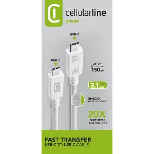 Cellularline Кабел USB-C to USB-C 3.1, бърз пренос на данни 10Gbps, 5A, 1м бял