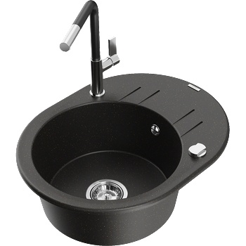 Mexen Kevin еднокоморна кухненска мивка с отцедник и кухнянски смесител Flora, черен/златен металик - 6517-75-670401-07 (6517-75-670401-07)