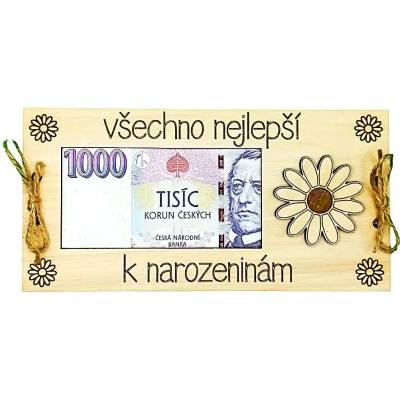 Dekorace z Řečice Dřevěná dárková karta na peníze k narozeninám kopretina.