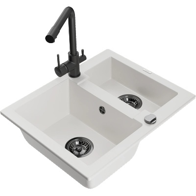 Mexen Carlos гранитна мивка 1, 5-камерна с кухненски смесител Duero, бял - 6518-20-671600-70 (6518-20-671600-70)