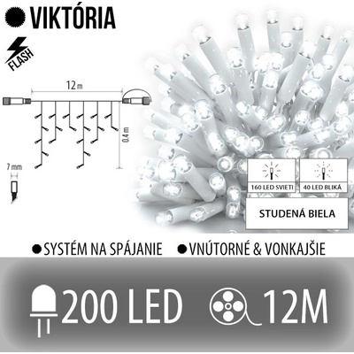 Viktória led svetelná záclona vonkajšia flash 200led 12m studená biela flash prebliknutie studená biela biely kábel