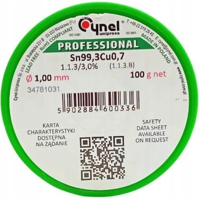 Cynel cín pro pájení bezolovnatý Sn99.3Cu0.7 1.1.3 tavidlo 3% 1.00 mm 100 g