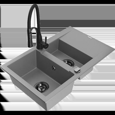 Gaspar гранитна мивка 1, 5-камерна с отцедник и кухненски смесител Aster, сив - 6507-71-73450-70-B (6507-71-73450-70-B)