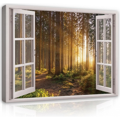 Postershop Obraz na plátně: 3D Effect Window Forest Sunshine View - 100x75 cm