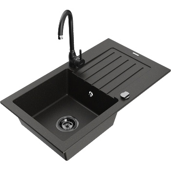 Mexen Pablo гранитна мивка с 1 гнездо и отцедник и кухненски смесител Telma, черен/златист - 6510-75-670200-70-B (6510-75-670200-70-B)
