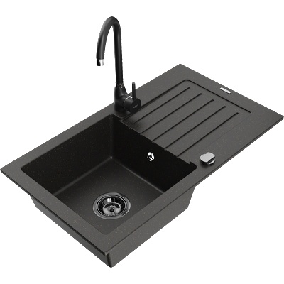 Mexen Pablo гранитна мивка с 1 гнездо и отцедник и кухненски смесител Telma, черен/златист - 6510-75-670200-70-B (6510-75-670200-70-B)