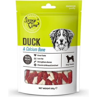 Jerky Time Duck & Calcium Bone - Премиум лакомство за кучета с истински калциеви кокалчета с патешко месо, годно за човешка консумация, 80 гр