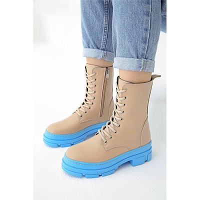 Moda Trend Дамски боти с връзки - Бежови със син #320758 (320758_Бежов)