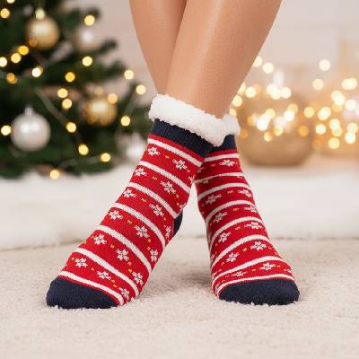 Дамски коледни чорапи в червено с пухкава вата