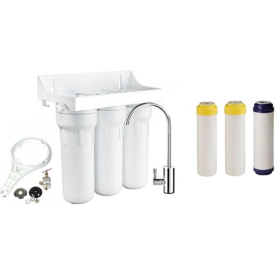 Trojitý filtr 10"x2,5" na dusičnany, zvýšení pH,Mg,Ca s aktivním antibakteriálním uhlím Sada pro jednoduché připojení filtru k roháčku a baterii: č. 1 pro připojení běžné dřezové baterie – Zbozi.Blesk.cz