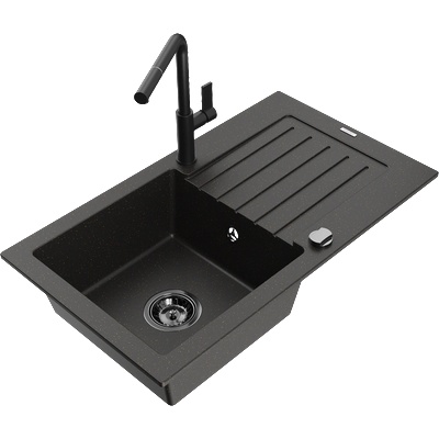 Mexen Pablo гранитна мивка с 1 камера с отцеждане и кухненски смесител Flora, (6510-75-670401-70-B)