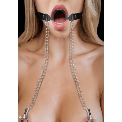 Fetish Fantasy Kroužkový roubík se skřipci na bradavky O-Ring Gag Nipple Clamps