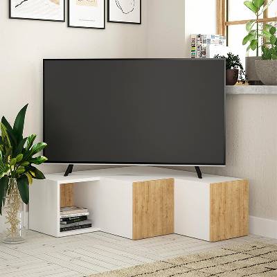 TopMebel Компактни ъглови мебели за телевизор от меламин в бяло - дъб 94, 2x90, 6x31, 4см