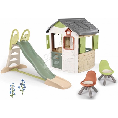 Smoby Set domeček se skluzavkou 2,3 m s vodotryskem Life Jura Lodge rozšiřitelný se 2 židlemi KidChair