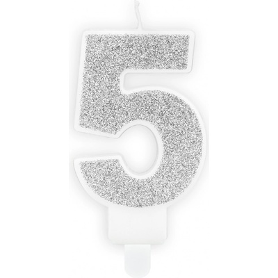 Narozeninová svíčka třpytivě stříbrná "číslo 5", 7 cm