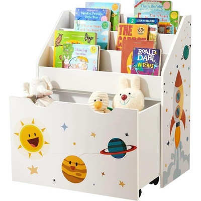 SongmicsHome Regál na hračky a knihy VESMÍR, 62,5x29,5x70cm, bílá s nálepkami GKR41WT