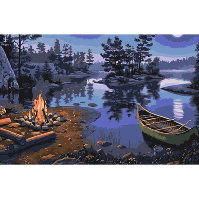 MALUJEŠ Malování podle čísel OHNIŠTĚ U JEZERA S PRAMICÍ Rozměr 60 x 80 cm Rámování bez rámu a bez vypnutí plátna