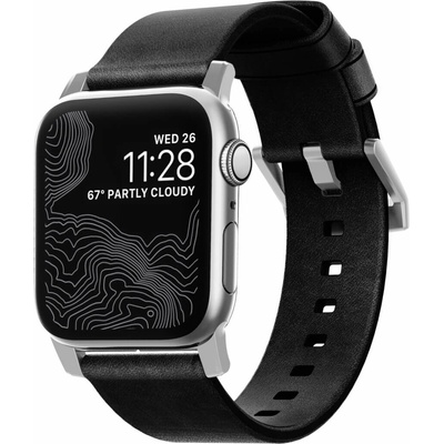 Nomad Кожена (естествена кожа) каишка за Apple Watch 42мм, 44мм, 45мм, 46мм, Ultra, Ultra 2 49мм - Nomad Strap Modern Leather (черен-сребрист) (NM1A41SM00)