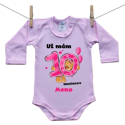 Boodyy Ružové body s dlhým rukávom Už mám 10 mesiacov s Medvedíkom a menom dieťatka Dievča