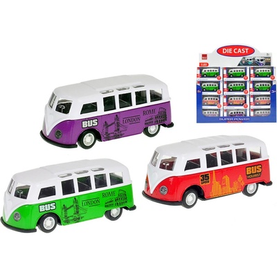 Mikro trading Autobus turistický 8cm 1:55 kov zpětný chod 3druhy v krabičce 36ks v DBX