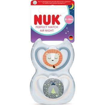 Nuk Perfect Match биберон залъгалка, силикон 6-18мес. 2бр. , AIR Night, Лъв (10176346)