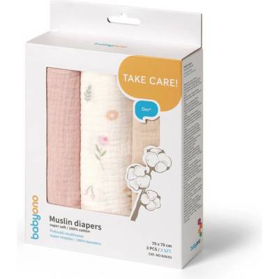 BABYONO Pleny mušelínové Super Soft Pink 70 x 70 cm 3 ks