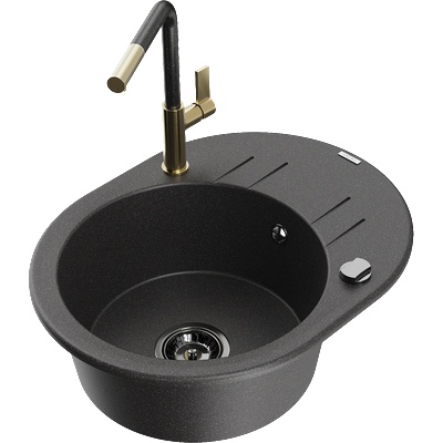 Mexen Kevin еднокоморна мивка от гранит с отцедник и кухненски смесител Flora, черен на пръски - 6517-76-670401-75-B (6517-76-670401-75-B)