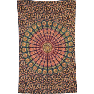 Sanu Babu přehoz na postel tmavě modrý Barmery round Mandala paví pera 130 x 210 cm