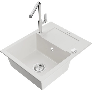 Mexen Enzo гранитна кухненска мивка с 1 корито с отцедник и кухненски смесител Flora, бял - 6506-20-670401-00 (6506-20-670401-00)