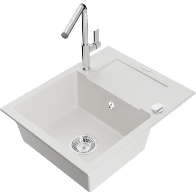 Mexen Enzo гранитна кухненска мивка с 1 корито с отцедник и кухненски смесител Flora, бял - 6506-20-670401-00 (6506-20-670401-00)