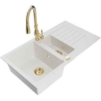 Mexen Matias гранитна мивка 1, 5-камерна с отцедник и кухненски смесител Savita, бял - 6502-20-672601-50 (6502-20-672601-50)