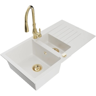 Mexen Matias гранитна мивка 1, 5-камерна с отцедник и кухненски смесител Savita, бял - 6502-20-672601-50 (6502-20-672601-50)