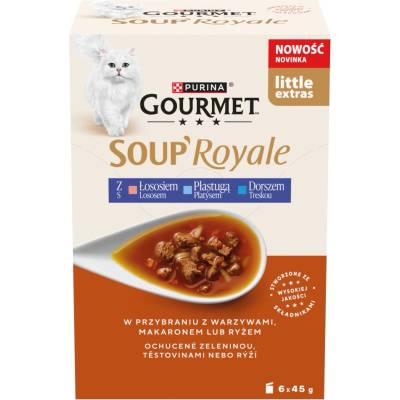 Gourmet Soup Royale Храна за възрастни котки със сьомга, плоска риба и треска 6 x 45 г
