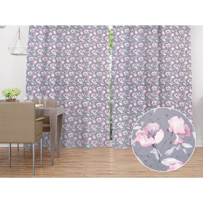 Biante Zamatový záves Tamara TMR-013 Ružové kvety na sivom 145x140 cm