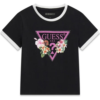 GUESS Черна тениска с бели детайли за момиче с цветя и кристали Guess