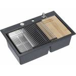 Quadron Вградена работна станция Quadron Unique Marc 120 диамантено черно - неръждаема стомана 2 вани 76x50 см (HQC7650U8_BS) Мивка за вграждане