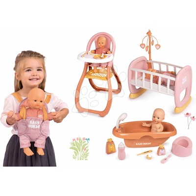 Smoby Set v dupačkách v jedálenskom kútiku Doll Baby Nurse a kolíska s kolotočom a vanička s nočníkom a klokankou