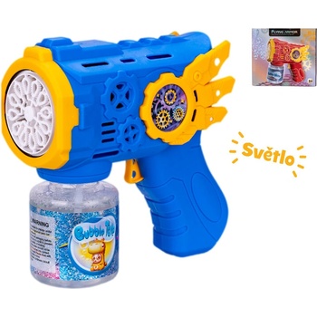 Bublifukovač pištole 13 cm na batérie so svetlom as náplňou mix farieb modrá červená