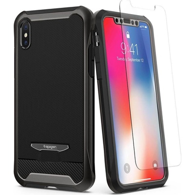 Spigen Reventon Case - хибриден удароустойчив кейс и 2 броя стъклено покритие за iPhone XS, iPhone X (черен-мат)