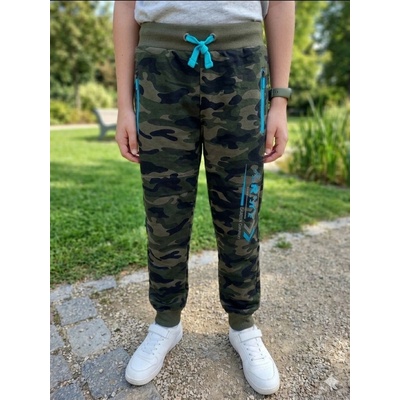 Kugo Chlapecké maskáčové tepláky TM8227 zelené modrý zip