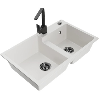 Mexen Tomas гранитна кухненска мивка с 2 отделения с кухненски смесител Rita, бял - 6516-20-670300-70 (6516-20-670300-70)