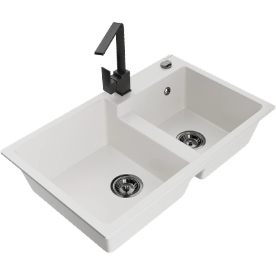 Mexen Tomas гранитна кухненска мивка с 2 отделения с кухненски смесител Rita, бял - 6516-20-670300-70 (6516-20-670300-70)