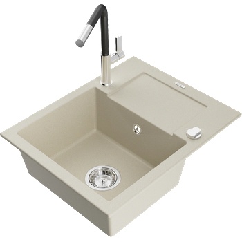 Mexen Enzo гранитна мивка с 1 отделение с изцедник и кухненски кран Flora, бежов - 6506-69-670401-07 (6506-69-670401-07)