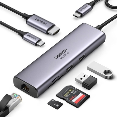Докинг станция Ugreen 7-in-1 USB-C Hub 4K 60Hz (CM512), от USB C към 1x USB C, 2x USB A, 1x HDMI, 1x RJ45, 1x SD/MicroSD четец на карти, черна (CM512 / 60515)