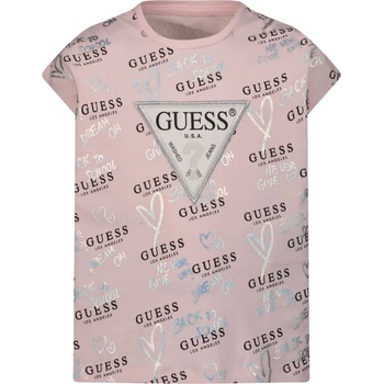 GUESS Тениска в розово покрита с надписи и сребристи елементи Guess